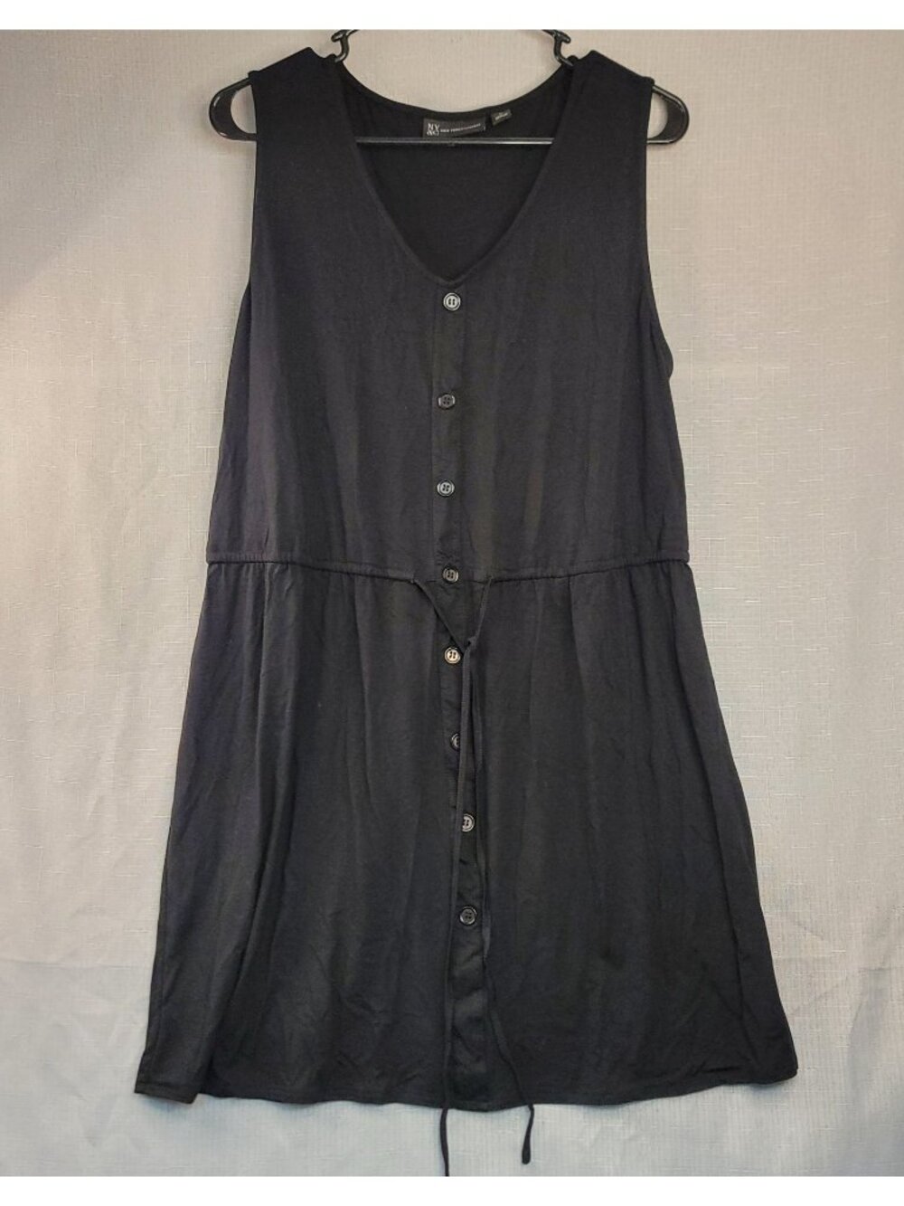 New York & Company Drawstring Button Front Mini Dress L Black Whimsygoth Casual